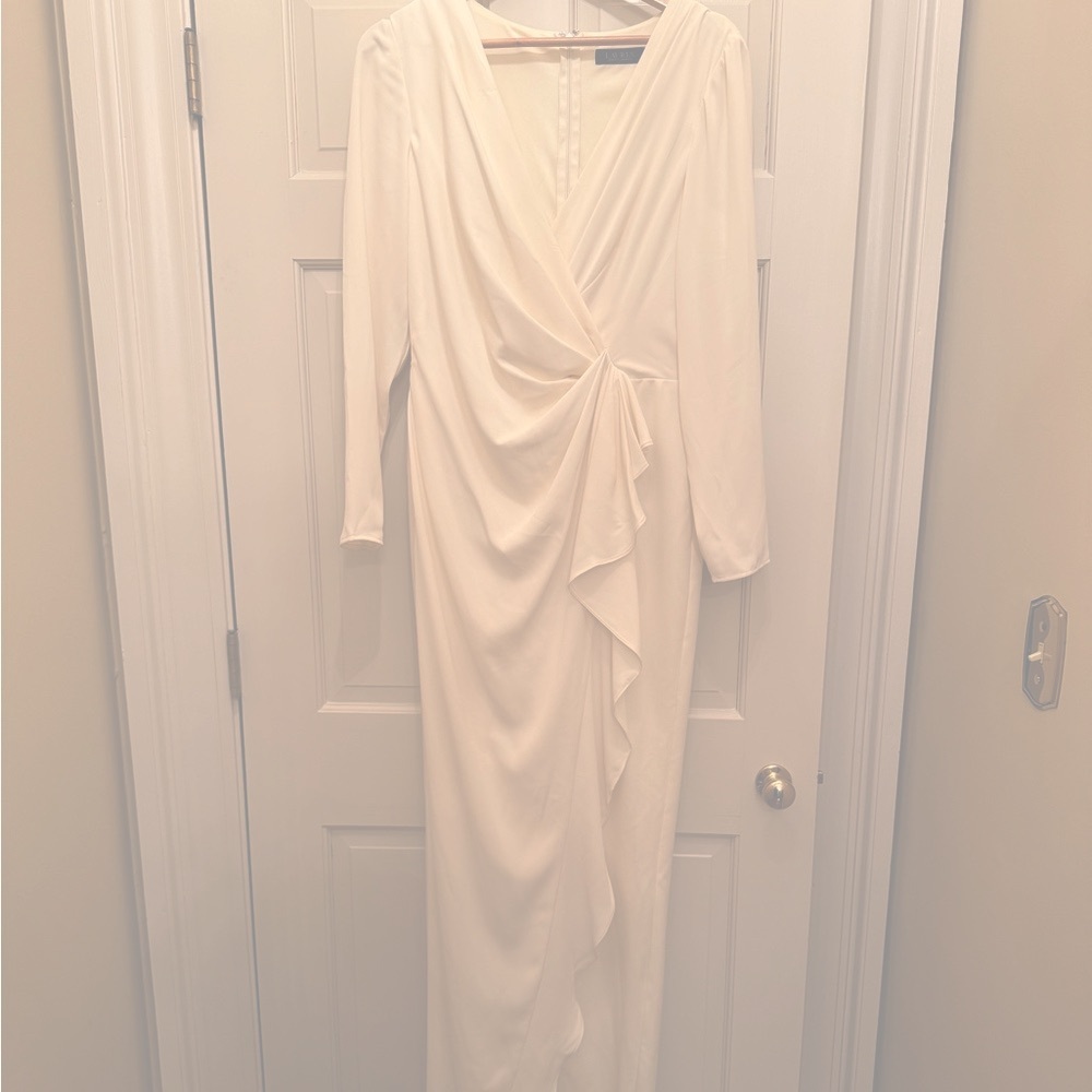 Ralph Lauren Cream Long Sleeve V-Neck Georgette Draped Jumpsuit